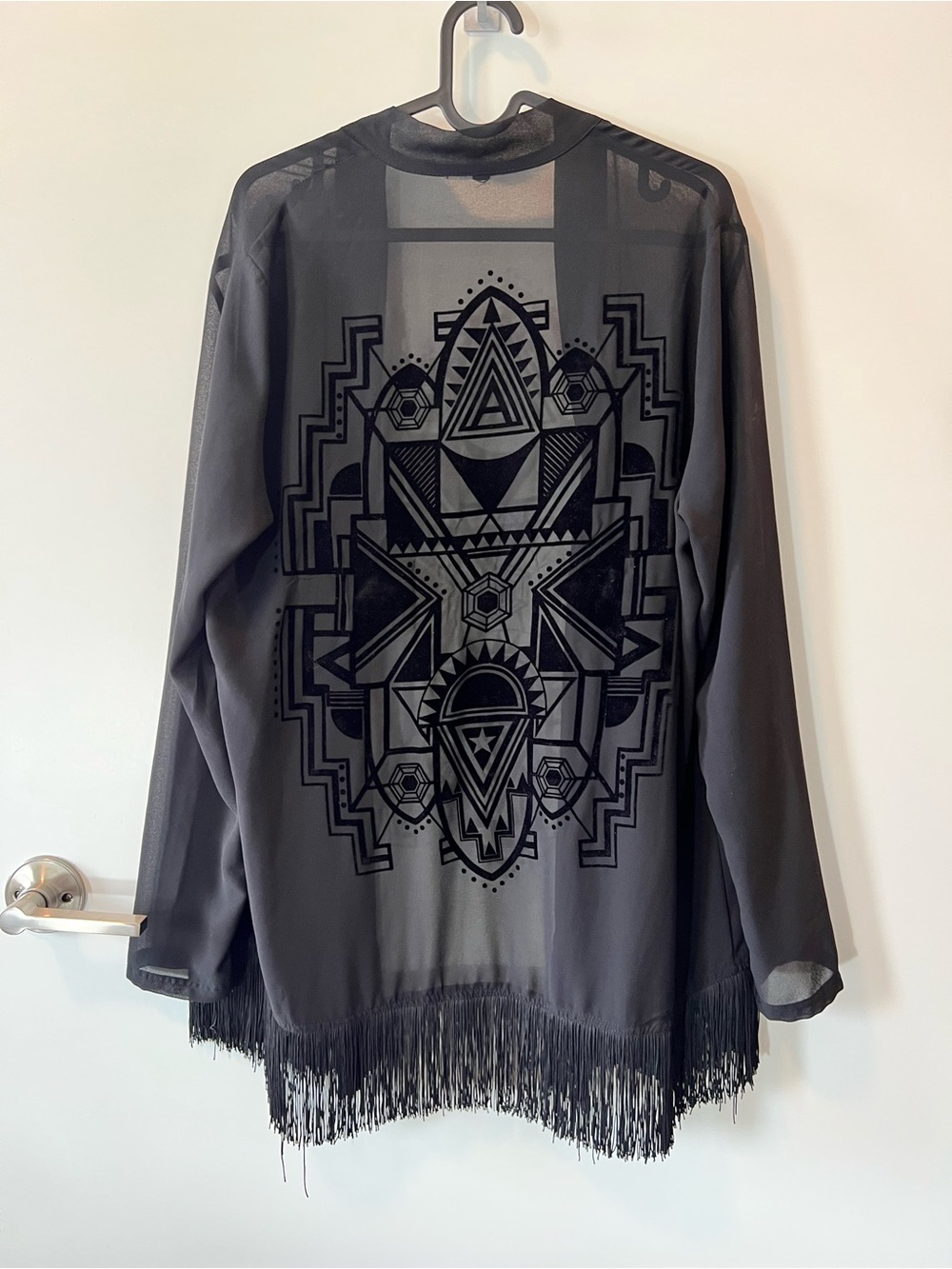 Sheer Black Fringe Kimono with Geometric Back Print